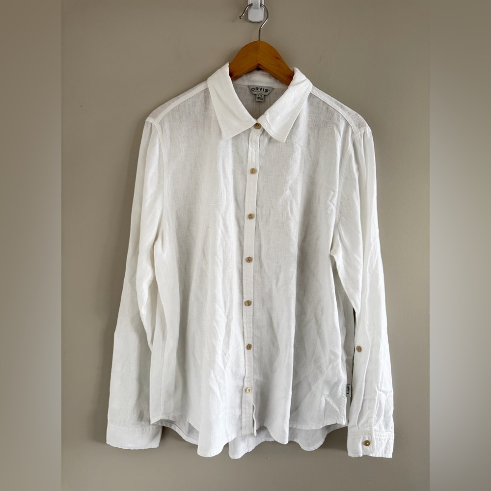 Orvis Linen Blend Button Up Shirt Women Large Coastal Beachy Casual Lightweight